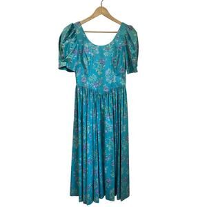 Laura Ashley Vintage 80s Cottagecore Puff Sleeve Prairie Midi Dress Size 10